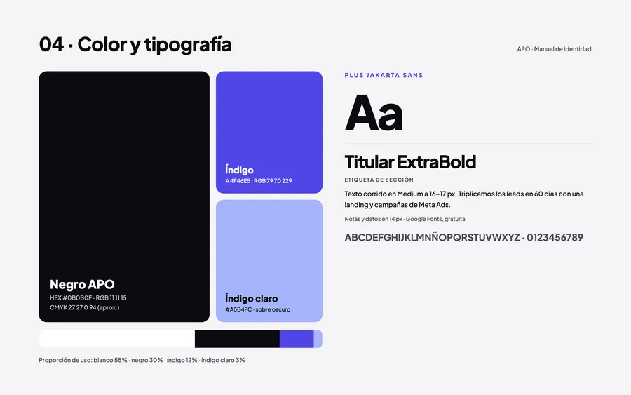 Page of the APO brand guidelines: color palette and typography