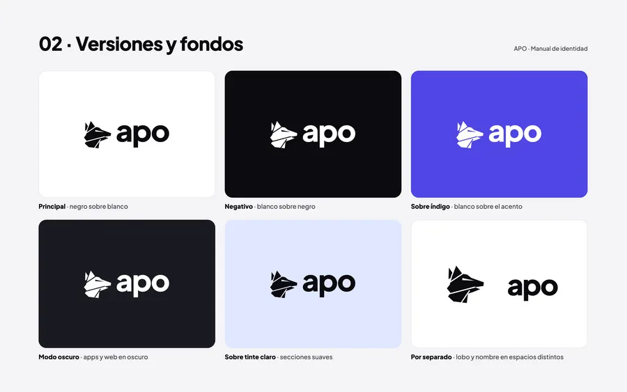 Page of the APO brand guidelines: logo versions by background