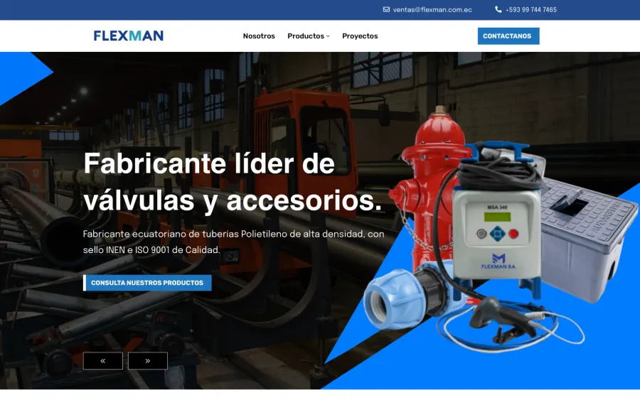 Screenshot of the Flexman website, an industrial valve manufacturer in Ecuador, showing its product catalog