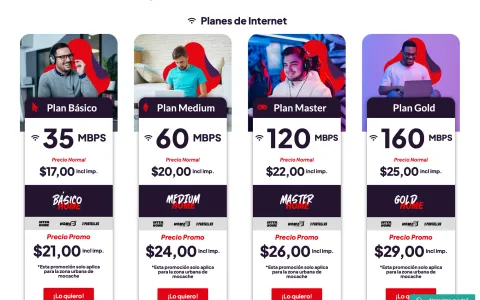 Screenshot of the Interhome website, an internet provider in Ecuador, showing its internet plans by speed
