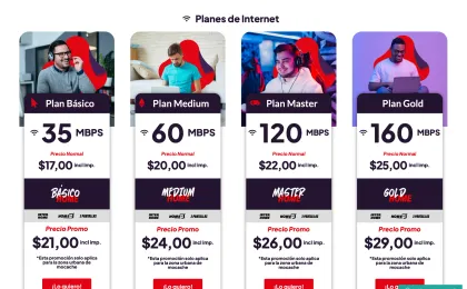 Captura del sitio web de Interhome, proveedor de internet en Ecuador, con sus planes de internet por velocidad