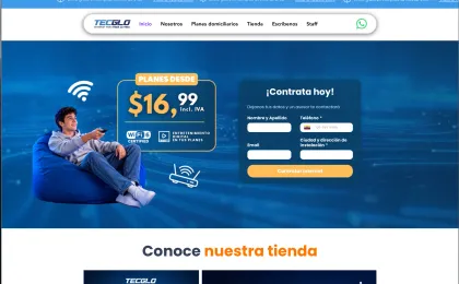 Captura del sitio web de TECglo, empresa de telecomunicaciones en Ecuador, con sus planes de internet
