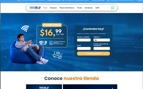 Screenshot of the TECglo website, a telecommunications company in Ecuador, showing its internet plans